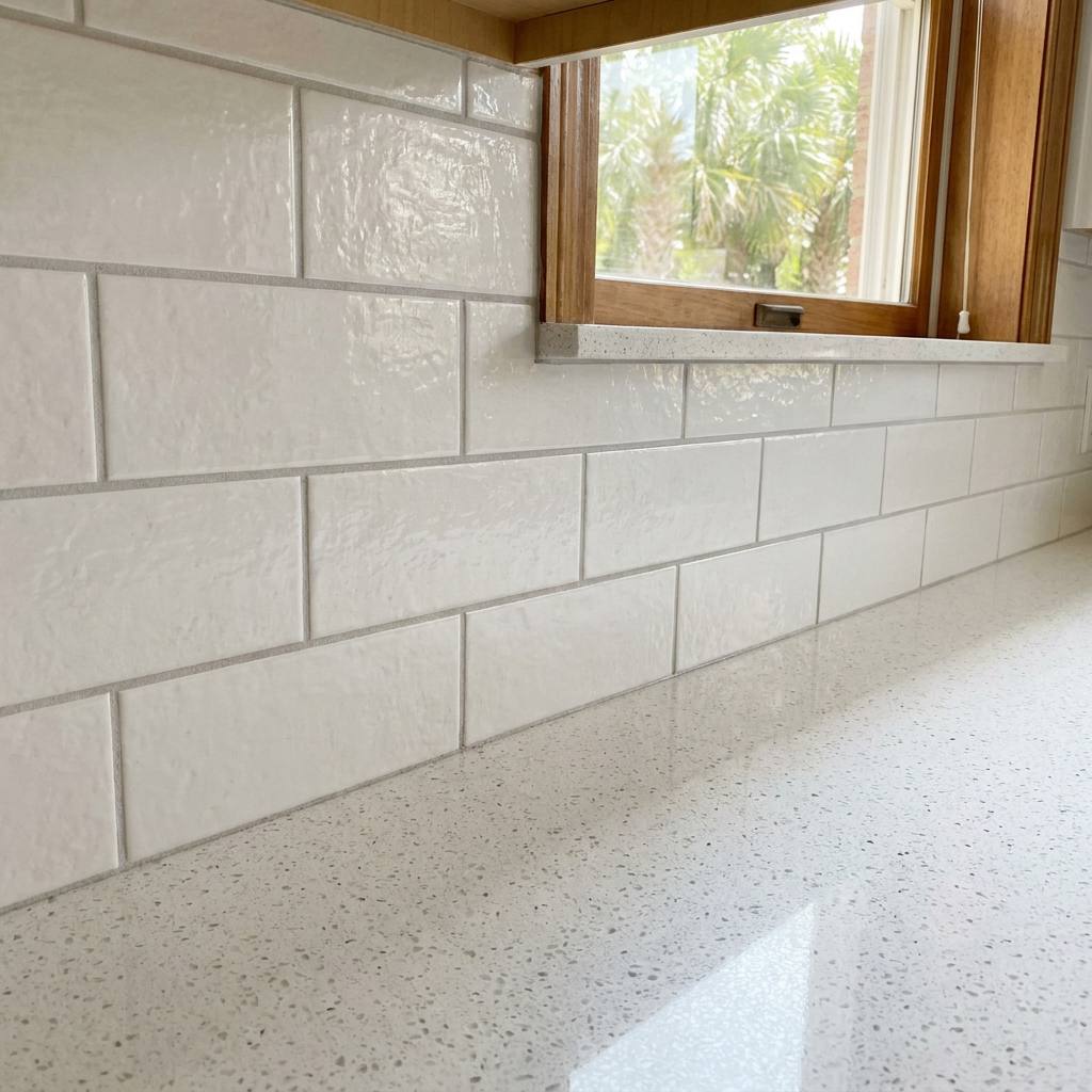 Close-up of newly installed backsplash tile with clean grout lines